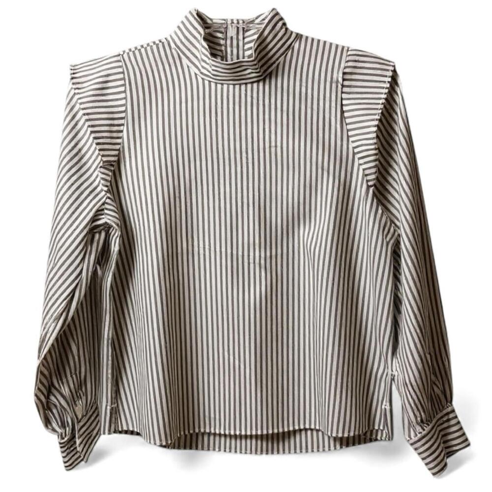 NEW Everlane The Wing-Shoulder Mockneck Top Blouse Pecan White Stripes Size 12 - Picture 2 of 9